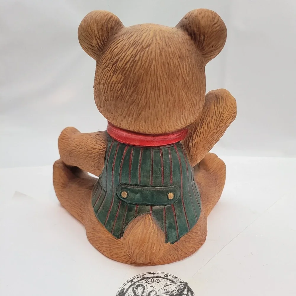 Vintage Ceramic Teddy Bear Music Box Jack-in-the-Box Figurine Taiwan Brown Green